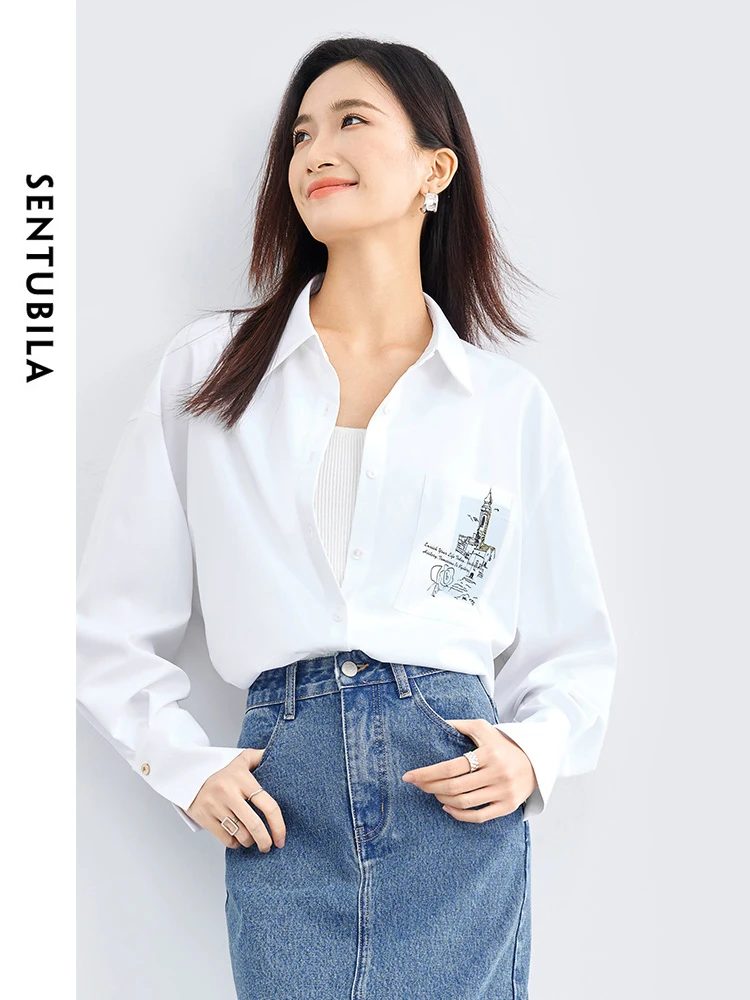 SENTUBILA Lapel Button Up Spring White Shirt 2024 Women\'s Long Sleeve Top Scenery Printed Casual Loose Women Blouse 141C52871