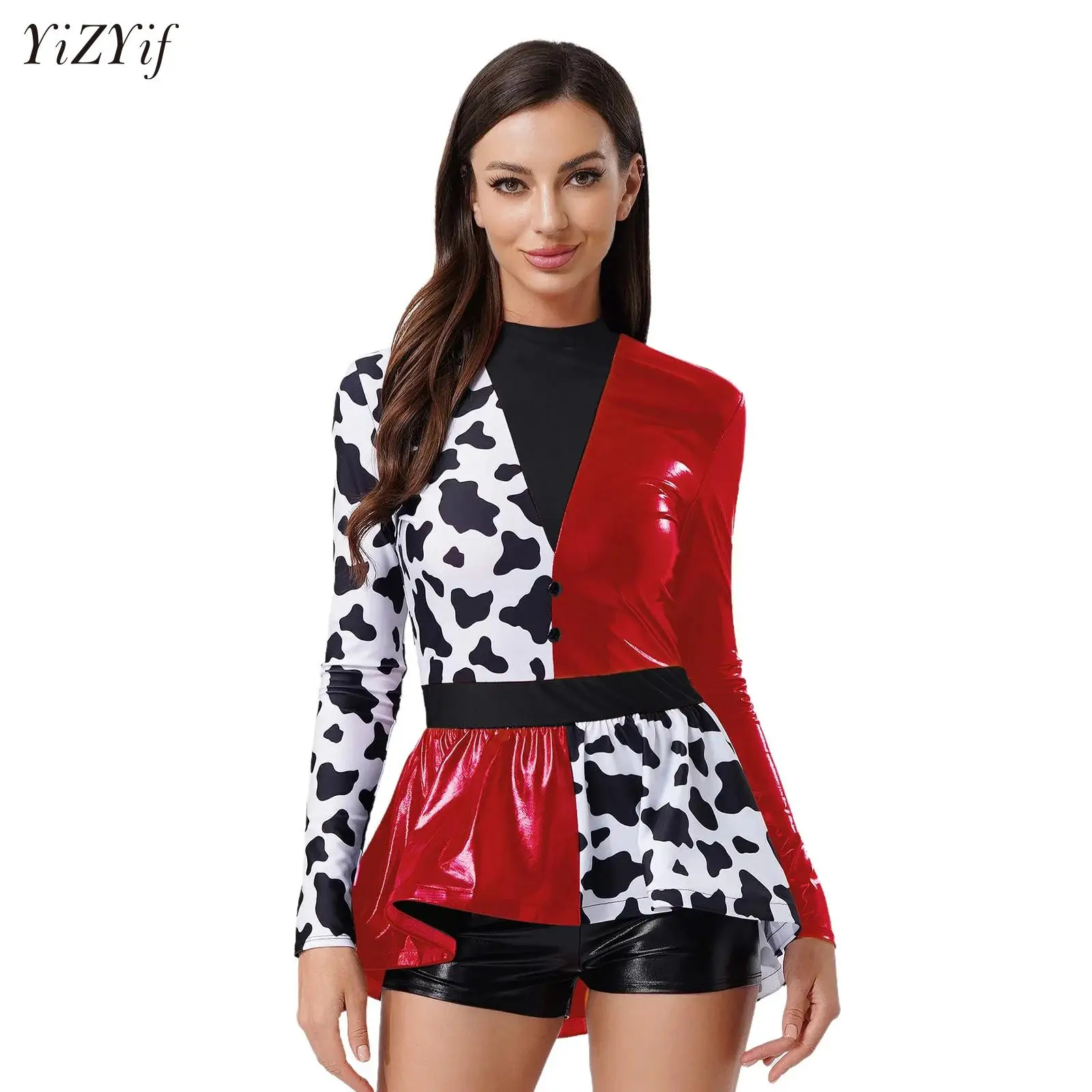 

Womens Devil Witch Bodysuit Dress Spotty Contrast Color Open Front Skirt One Piece Leotard for Halloween Evil Clown Masquerade