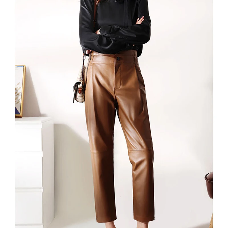 

2026 Genuine Leather Pants Autumn Winter Women Sheepskin Elastic High Waist Harem Pants Versatile Fashion Casual Trousers Female