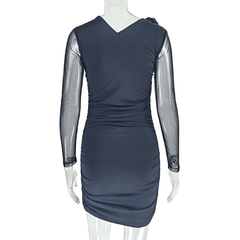 Fiori 3D Sheer Mesh Patchwork Increspato Aderente Mini Abito Donna Sexy Colletto Irregolare Manica Lunga Guaina Clubwear Streetwear