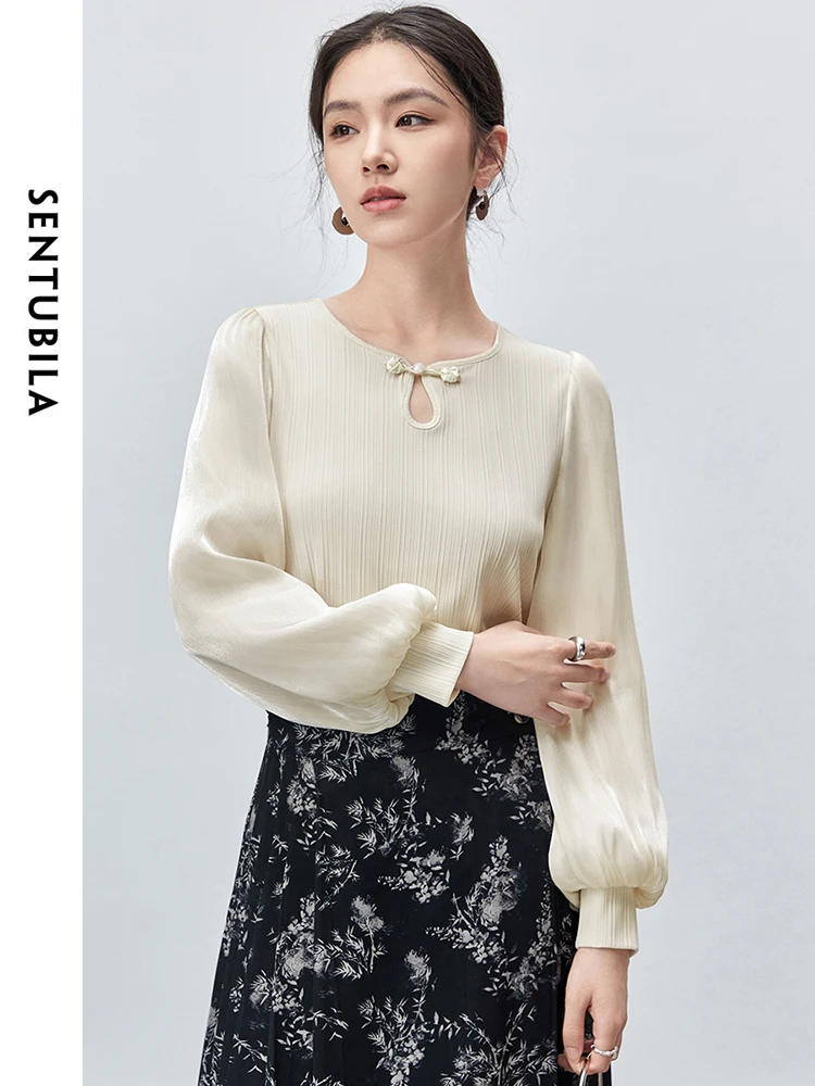 SENTUBILA Hollow Out U Collar Blouse Women 2024 Autumn Chiffon Casualpatchwork Lantern Sleeve Elegant Pullover Shirt 143V55756