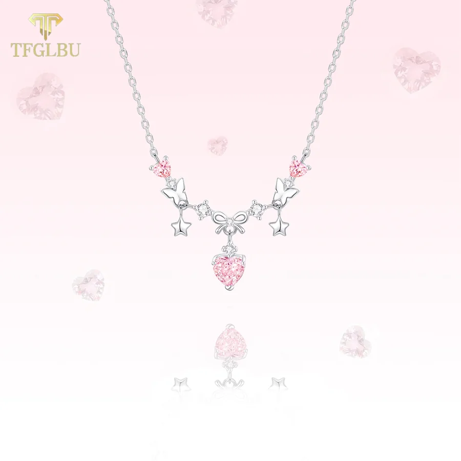 

Exquisite Sweet Pink Zircon Bowknot 925 Sterling Silver Love Heart Chain Necklace for Women Girls Party Birthday Jewelry Gifts