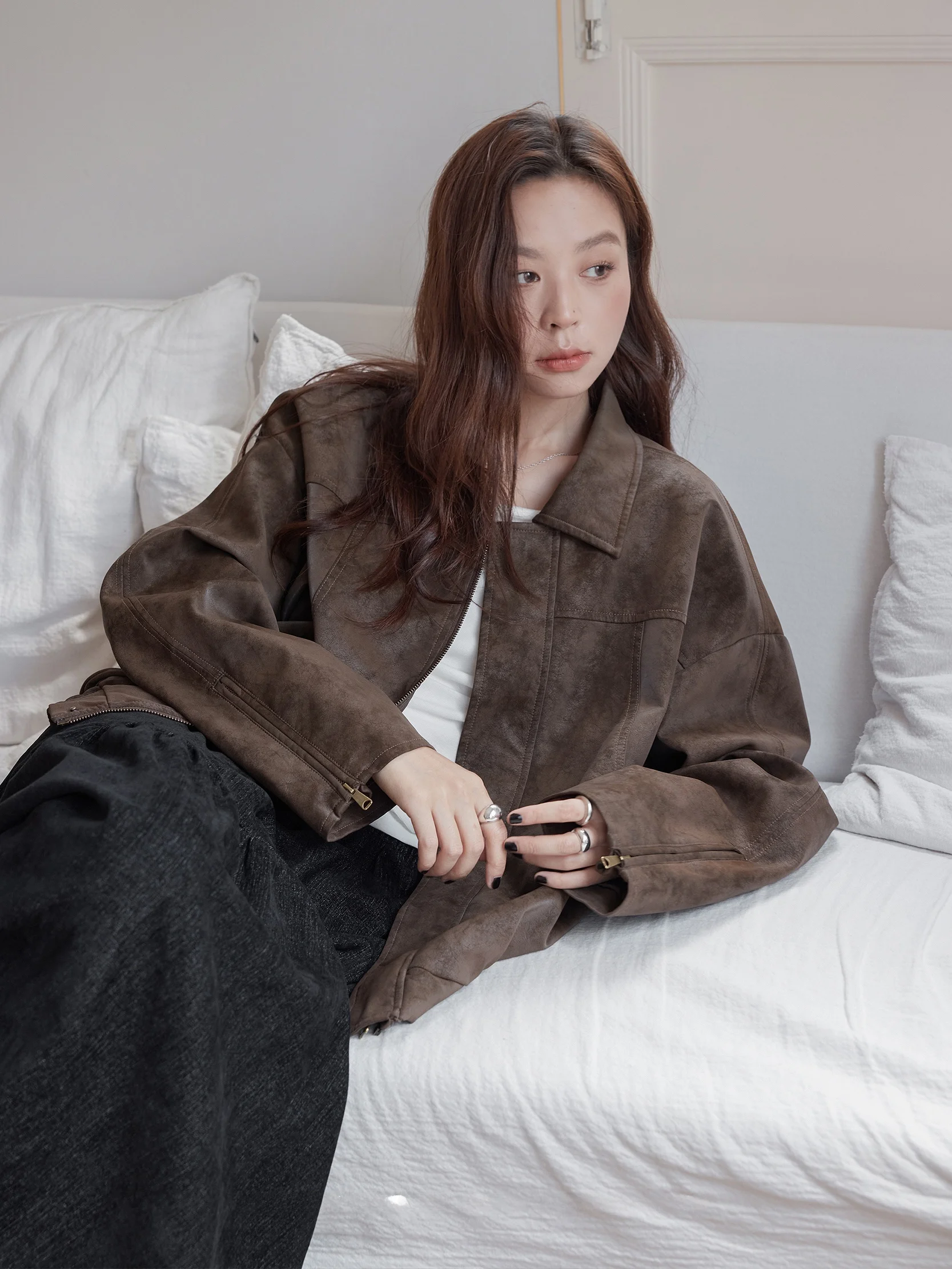 Jaqueta Feminina VNOOK de Couro PU Vintage, Estilo Solto, Jaqueta de Motocicleta, Nova Chegada de Outono