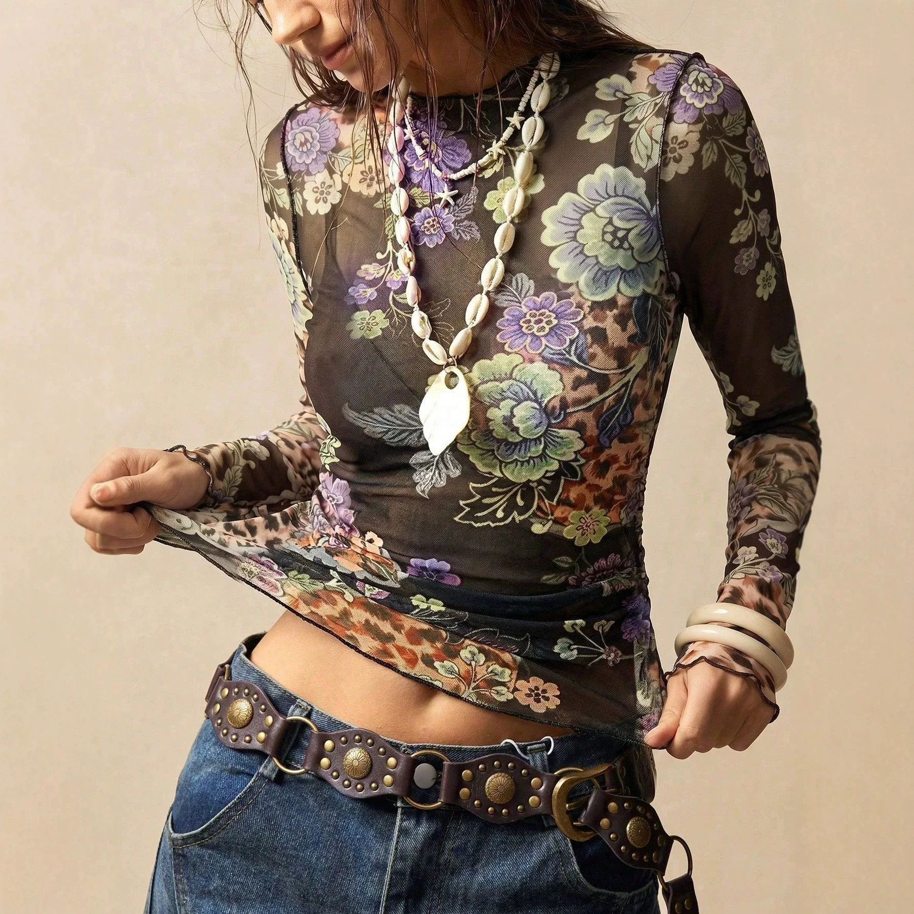 Women's Floral Print Long Sleeve Top Mesh See Through Slim Fit Elegant Versatile Trendy Casual Commute Office Daily Wear Blouse