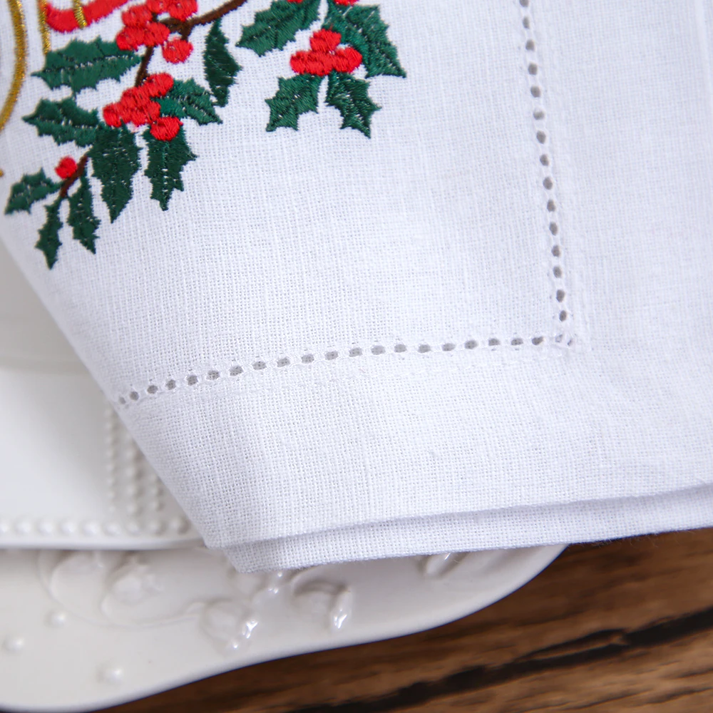 Boże Narodzenie Monogram i nazwa Familiy haftowana serwetka, podkładka, Hemstitch, bawełna + len, dekoracja stołu