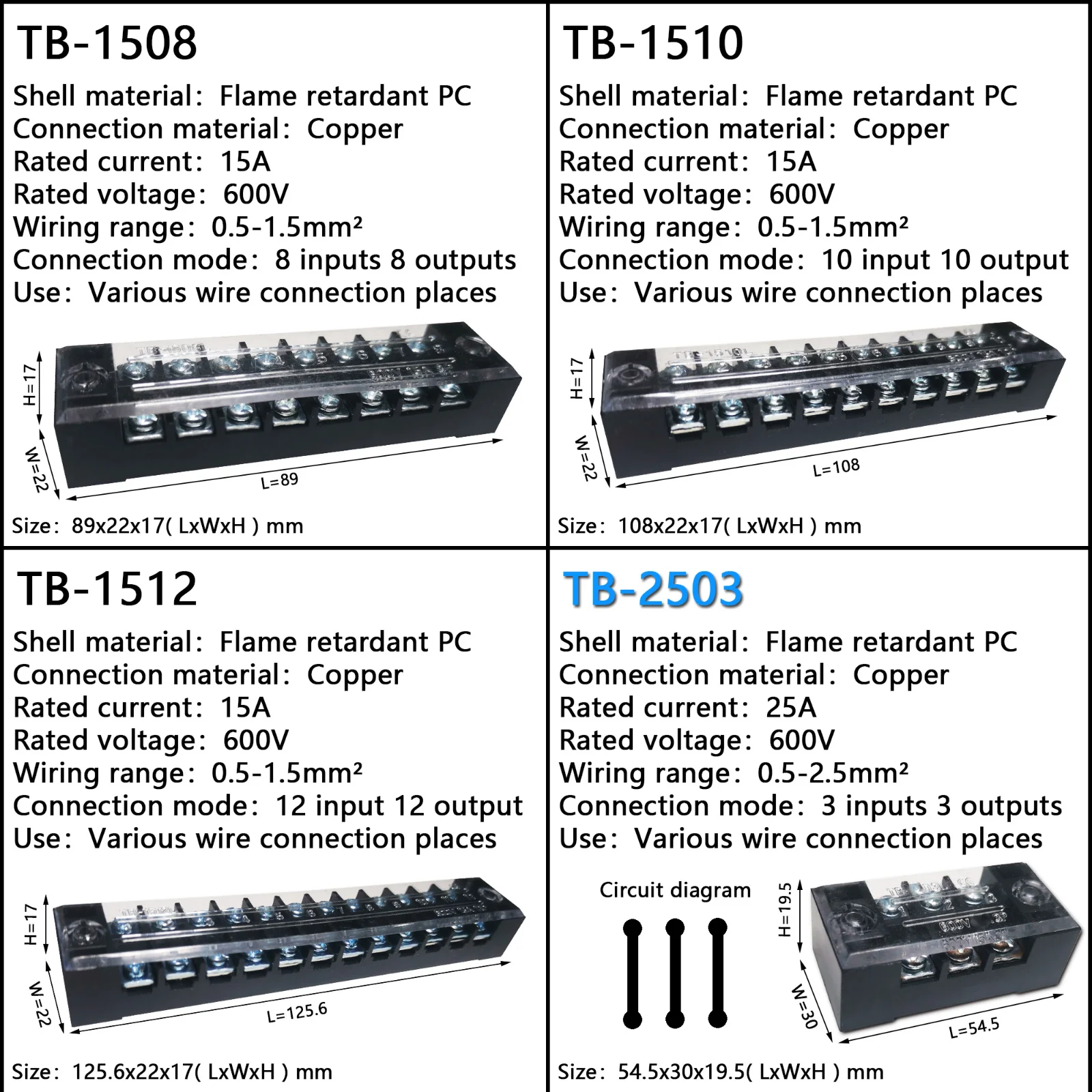 15A/25A/45A 600V двухрядный барьерный винтовой клеммный блок проводной разъем серии TB 3/4/5/6/8/10/12 PIN опционально TB-1503 TB-2503