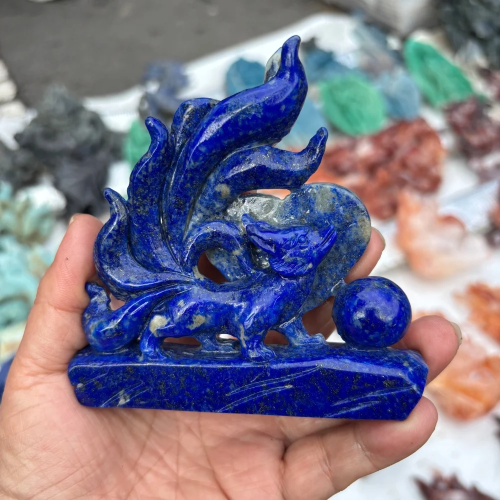 Natural Lapis Lazuli Nine Tailed Fox Carving Hand Carved Crystal Fox Figurine Gemstone Statue Home Desktop Decoration Reiki Heal