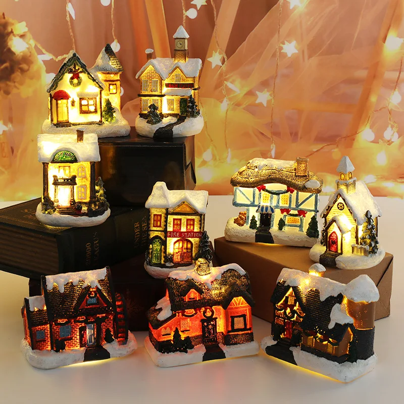 

New LED Resin Christmas Village House Scene Figurines Ornament New Year Decoration Snow View House Holiday Gift Home Party Decor