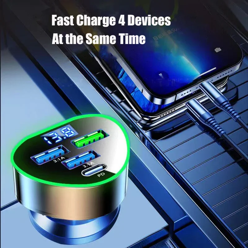 Car Phone Charger USB Type C Super Fast Charge in Car with LED Voltage Monitor for iPhone Samsung Huawei Oneplus Vivo Oppo