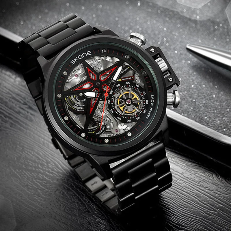 SKONE 기계식 윈드 라이트 럭셔리 대형 다이얼 키네틱 플라이휠 하이 베어링 쿼츠 펜타그램 모양의 다이얼 손목시계