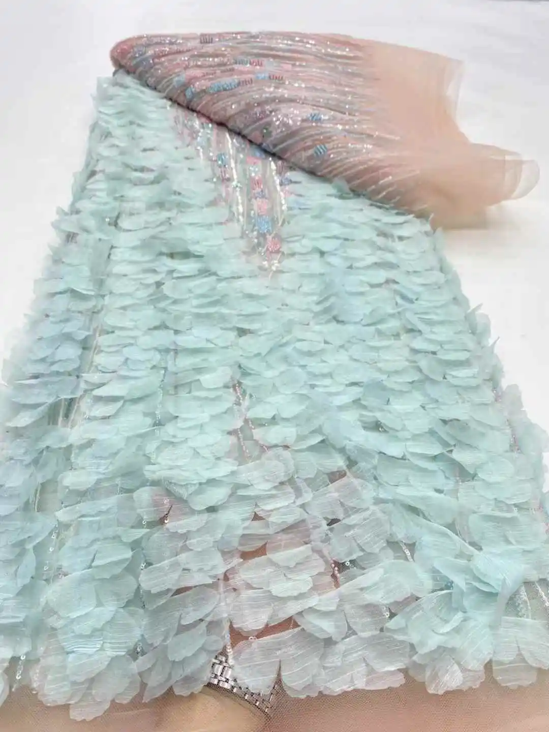 Luxury Handmade Big Flower Design Nigerian Lace Fabrics African Tulle Net Lace Luxury Bead Tube Fabrics For Wedding 5 Yards Sew