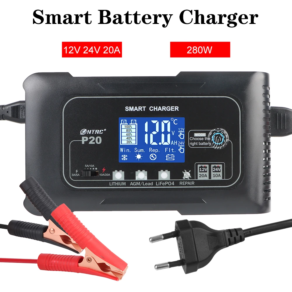 LCD Display Smart Battery Charger Automatic Pulse Repair 280W 20A for Lifepo4 AGM Lead-Acid Lithium Batteri High Power Automatic