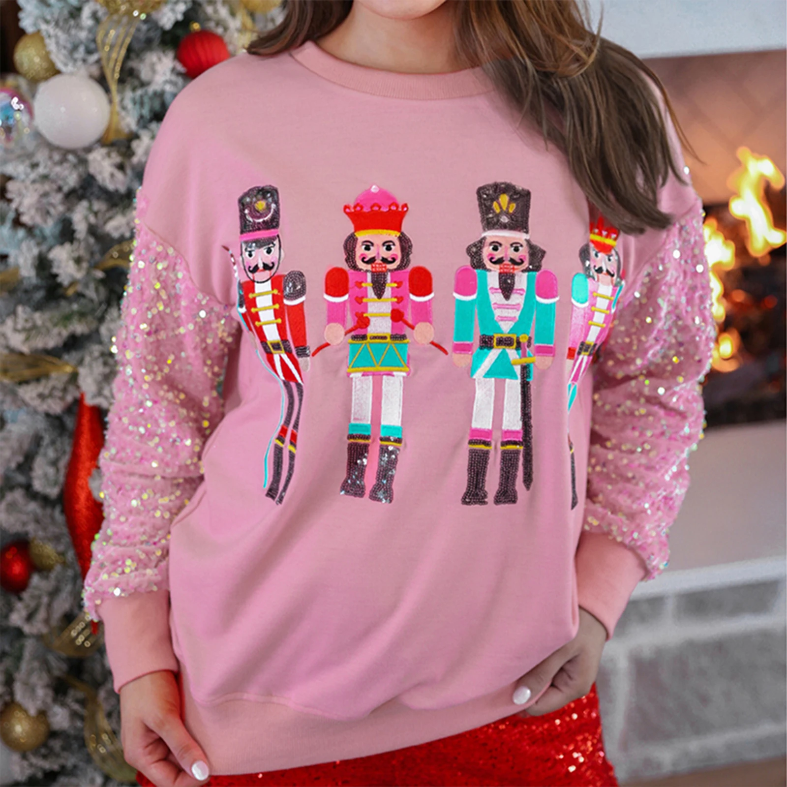 Women s Christmas Loose Pullover Sparkle Sequin Long Sleeve Crew Neck Soldier Printed Sweatshirt