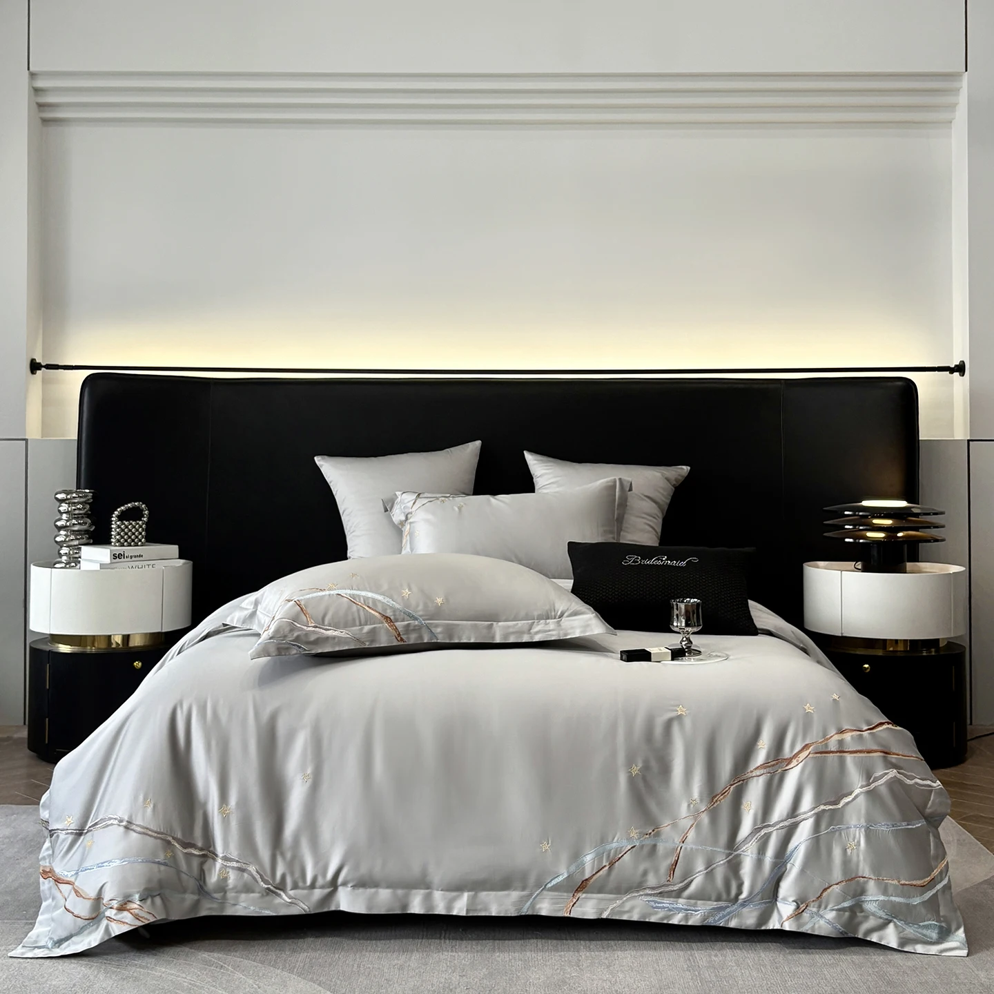 

Premium 1000TC Egyptian Cotton Bedding Set Star Lrregular Lines Embroidery Duvet Cover Flat/Fitted Bed Sheet Pillowcases 4Pcs