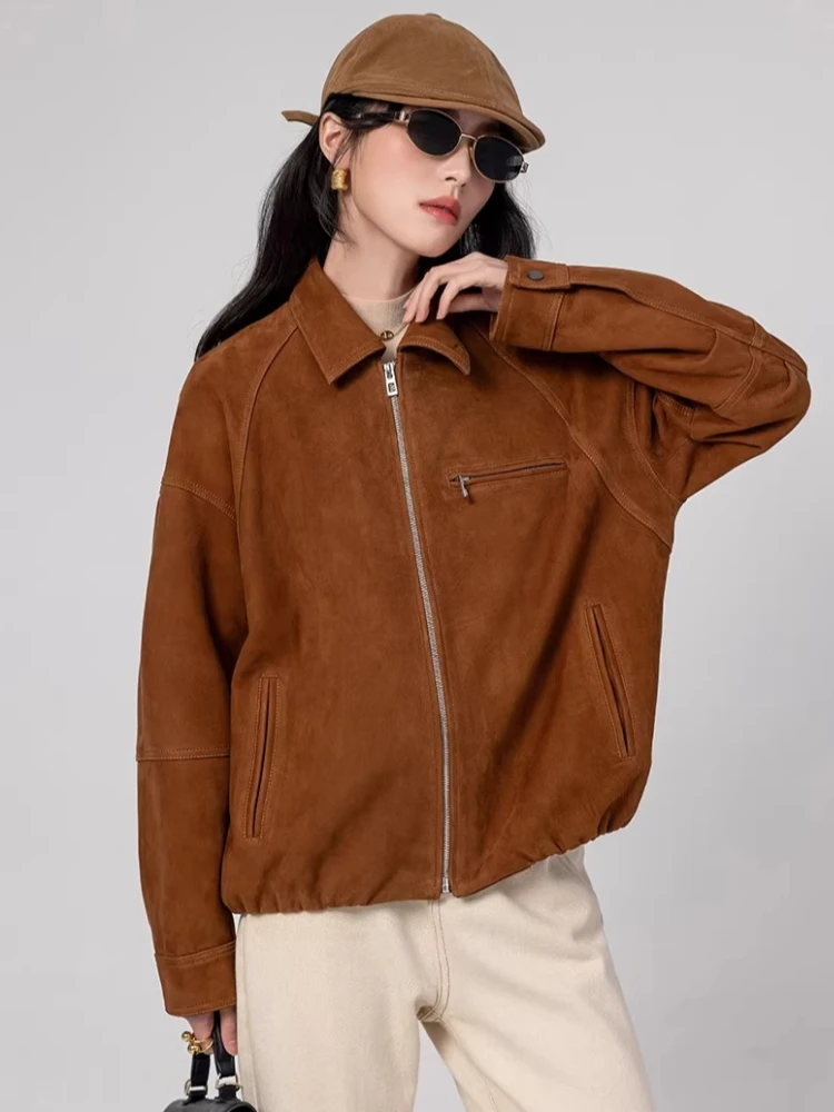 

Vintage Short Genuine Leather Jackets for Women Spring Autumn 2026 New High-end Simple Loose Casual Real Sheepskin Suede Coat