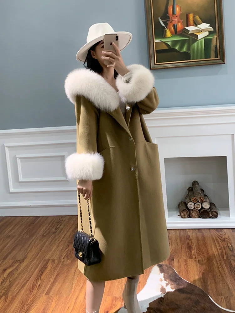 

Real Fur Coat Winter Jacket Women Natural Fox Fur Collar Cuffs Hooded Long Cashmere Wool Woolen Ladies Outerwear Streetwear