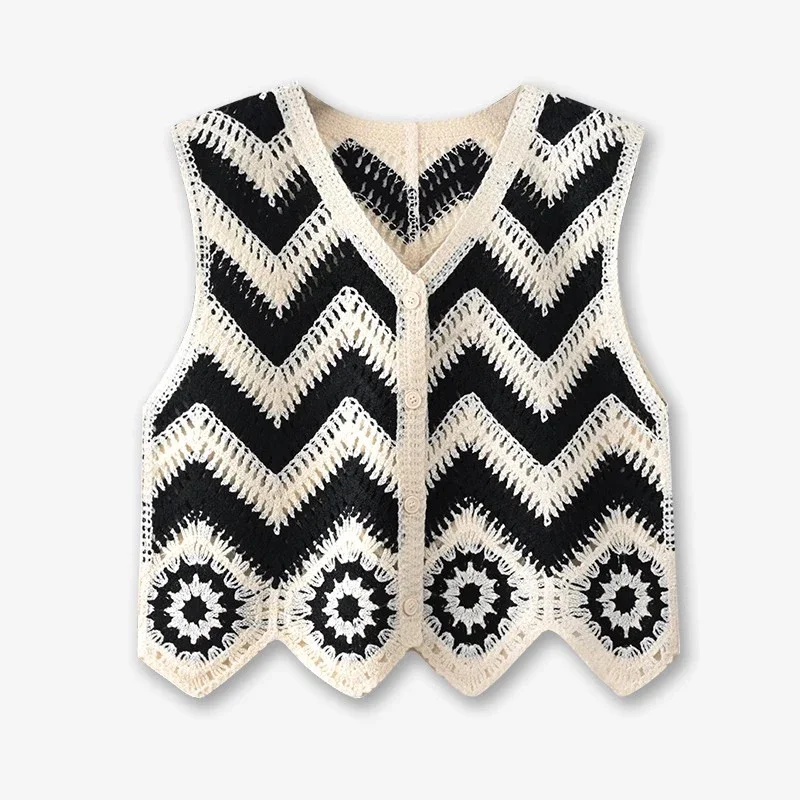 

Женский вязаный крючком жилет с открытой вязкой на пуговицах, куртка без рукавов, топ, укороченный свитер, жилет для девочек-подростков, летняя отпускная одежда в стиле бохо