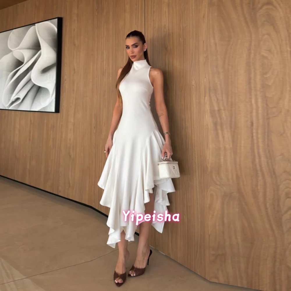 

Customized Prom Dresses Asymmetrical Ruffle High Neck Mermaid Evening Gowns for Women Trumpet Sleeveless Formal Party Dress