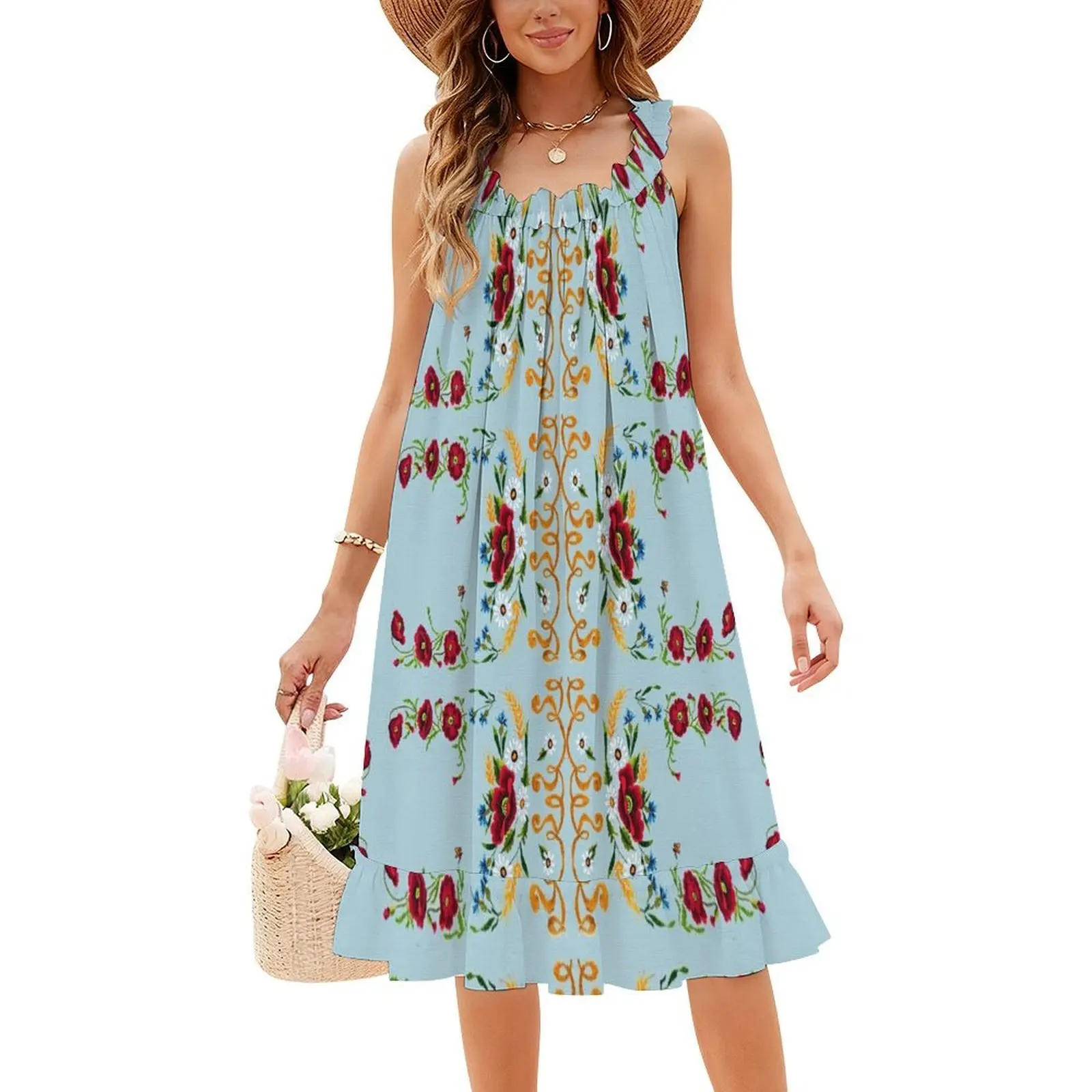 فستان الخشخاش والذرة المطرز باللون الأزرق على شكل قلب فستان أنيق للحفلات الصيفية للنساء مطرز بالصليب الأوكراني