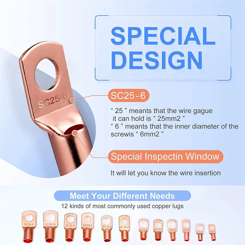 

AF95-240Pcscopper Wire Lugs Battery Terminals Battery Cable Ends,AWG 2 4 6 8 10/12 Gauge Wireconnectors,For Marine Electrical