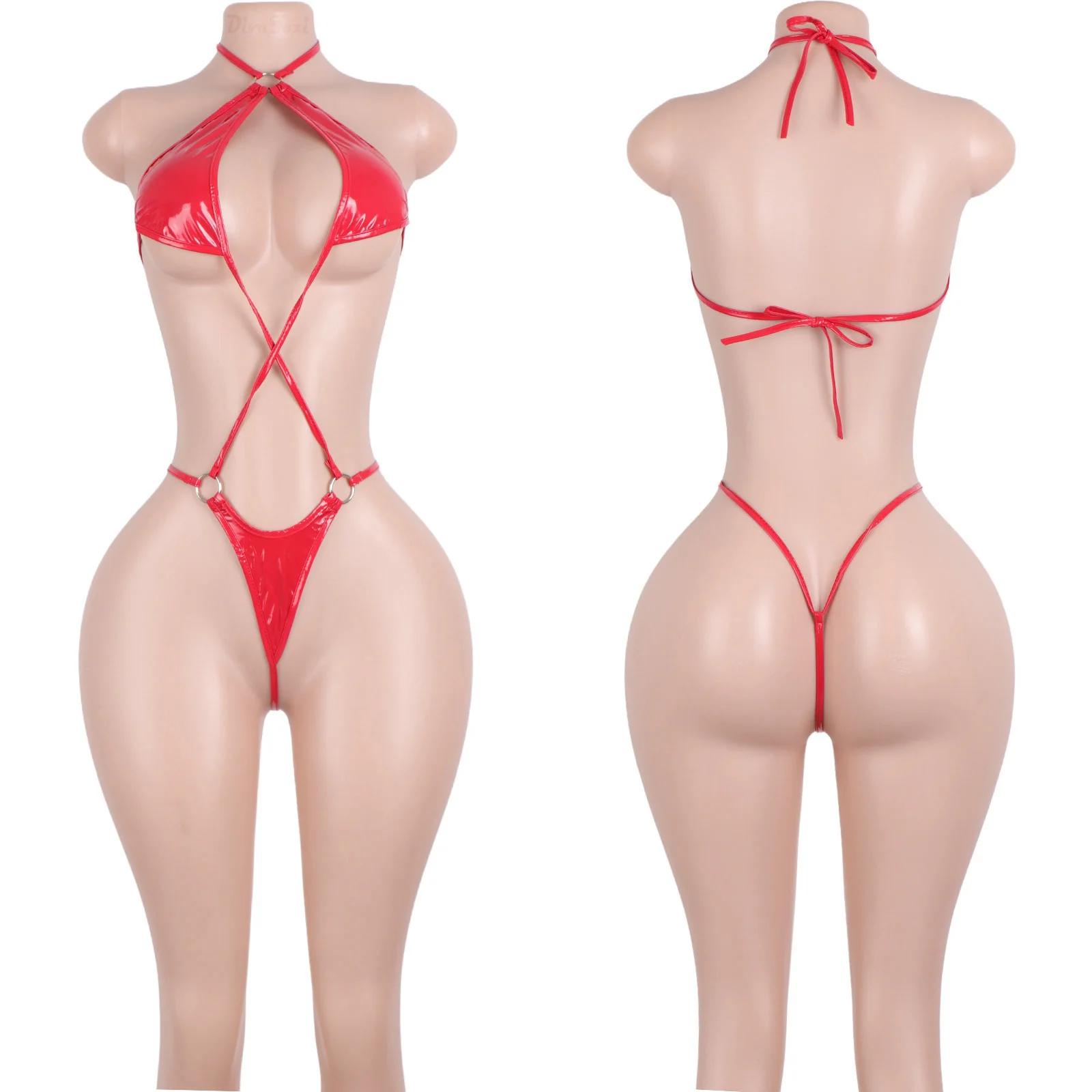

Patent Leather Thong Bikinis Halter Top Crossover Women's Exotic Wear Cutout Design High-Quality Performance Exotic Dancewear