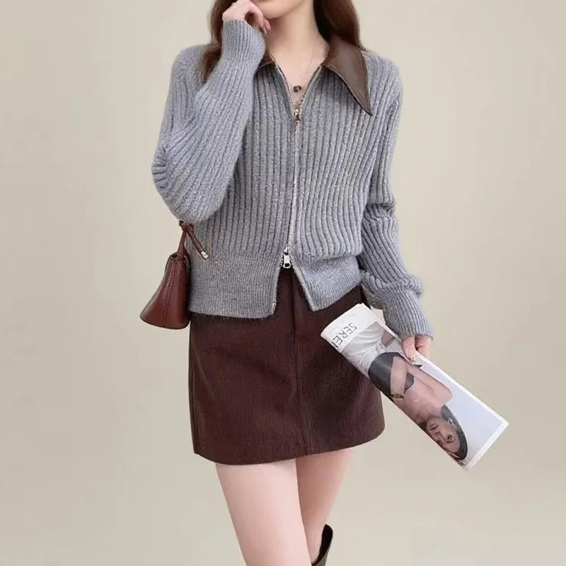 

Premium Leather Lapel Knitted Cardigan 2025 Autumn and Winter New Top Sweater Short Jacket