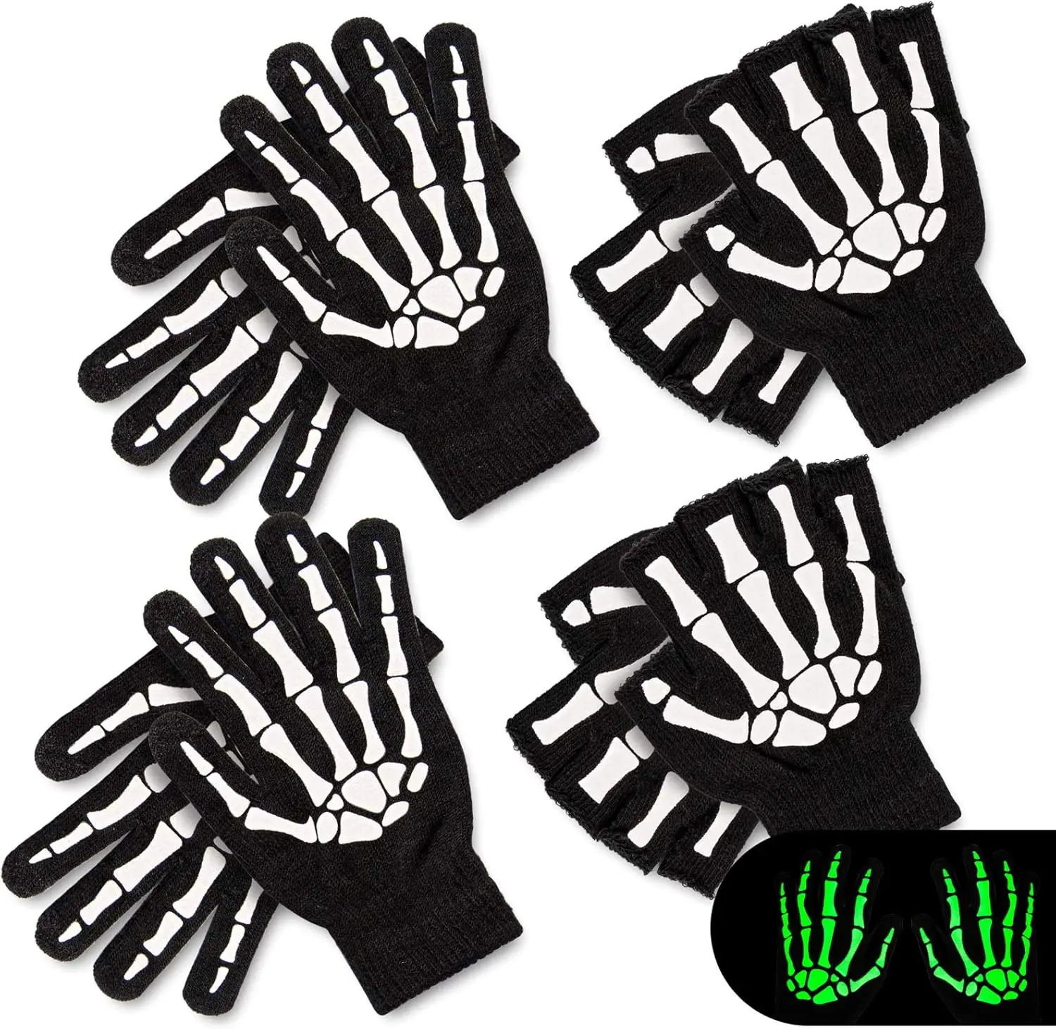 4 Pairs White Skeleton Gloves, Glowing in the Dark,-Full Fingers and Half-fingers, for Helloween Costume Party, Cosplay, Cycling