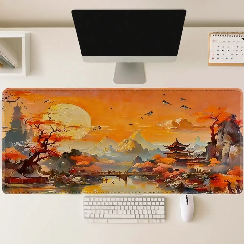 Large Gaming Mouse Pad | Sunset Traditional Chinese Landscape with Pagoda, Mountain, And Red Tree Design, Non-Slip