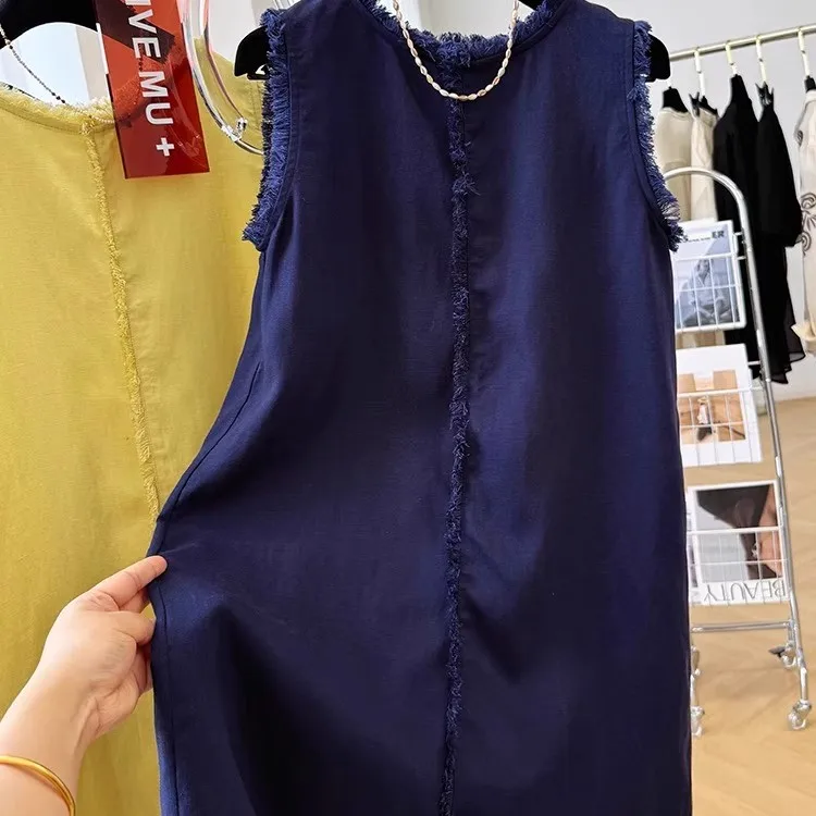 Sommer Baumwolle Leinen Ärmelloses Kleid frauen Lose Faul Stil Weste Quaste Robe Oberbekleidung Casual Pendeln Vestidos N862