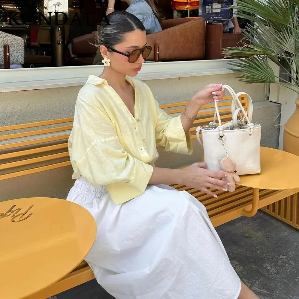 KONDALA2025 automne hiver décontracté mince femmes chemises mode beurre jaune solide ample simple boutonnage Chic élégant dames Cardigans