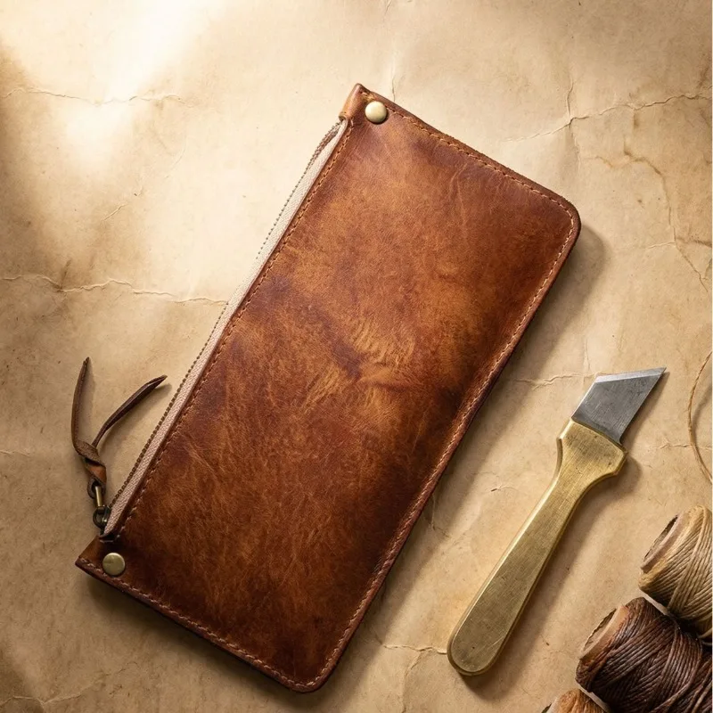 New Genuine Leather Zipper Wallet for Men & Women, Vintage Cowhide Slim Card & Coin Purse, Men Large Capacity Thin Bifold Wallet