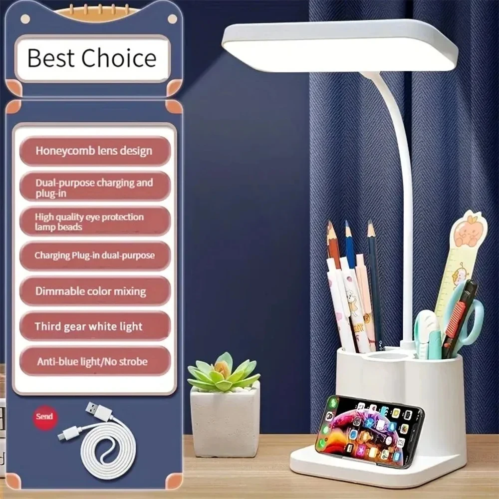 USB Rechargeable LED Table Desk Lamp Eye Protection Study Dormitory Writing Reading Bedroom Bedside Stepless Dimming Lamp