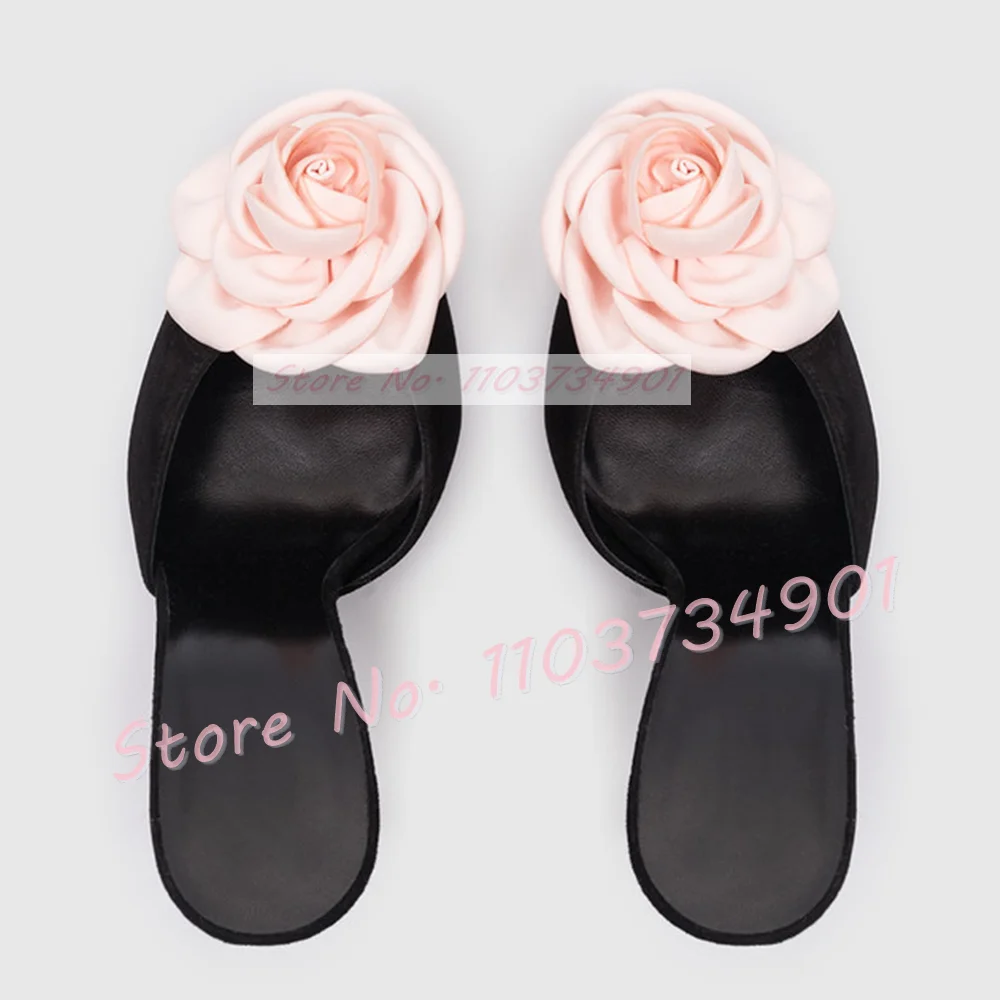 Pink Rose Flower Peep Toe Mules Women Elegant Black Satin Thin High Heels Slippers Female Party Floral-applique Flock Shoes