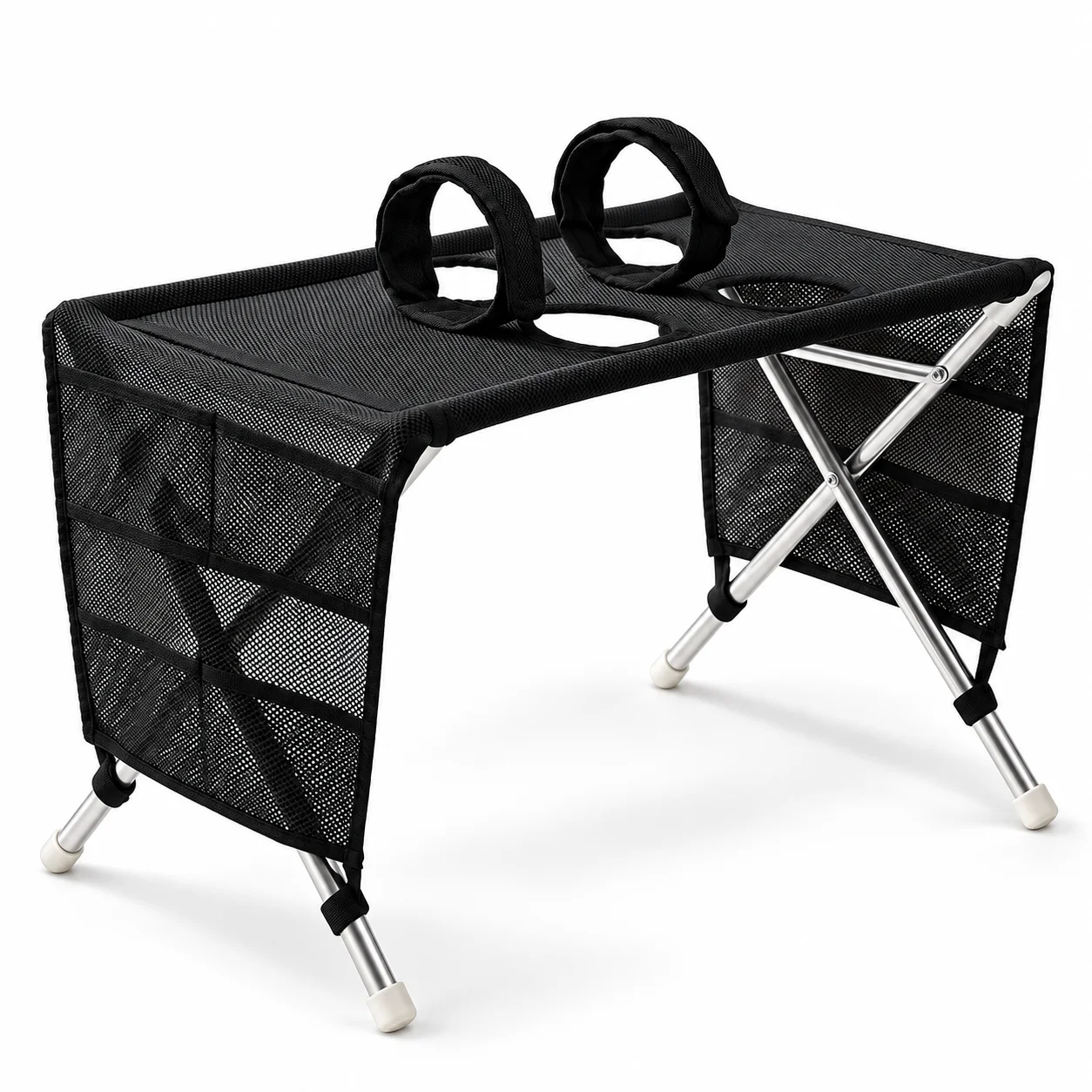 Portable Dog Grooming Hammock Stand Foldable Pet Nail Clipping Table with 4 Openings and Dual Mesh Tool Pockets