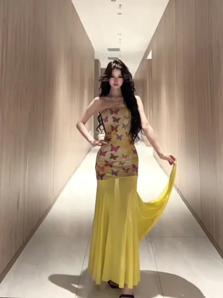 

Yellow Print Strapless Dress Women's Summer Beach Vacation Elegant Fish Tail Skirt Absolutely Beautiful Long Dress
