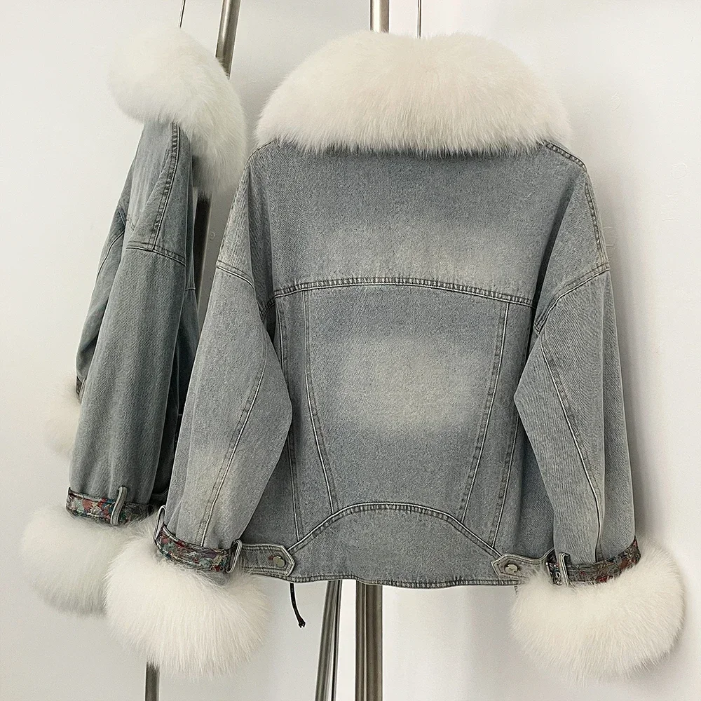 المرأة الخريف الشتاء جديد أوزة أسفل معطف الإناث جديد الدنيم سترة أسفل سترة ريال فوكس الفراء طوق سميكة الدافئة سترة منفوخة سيدة #3