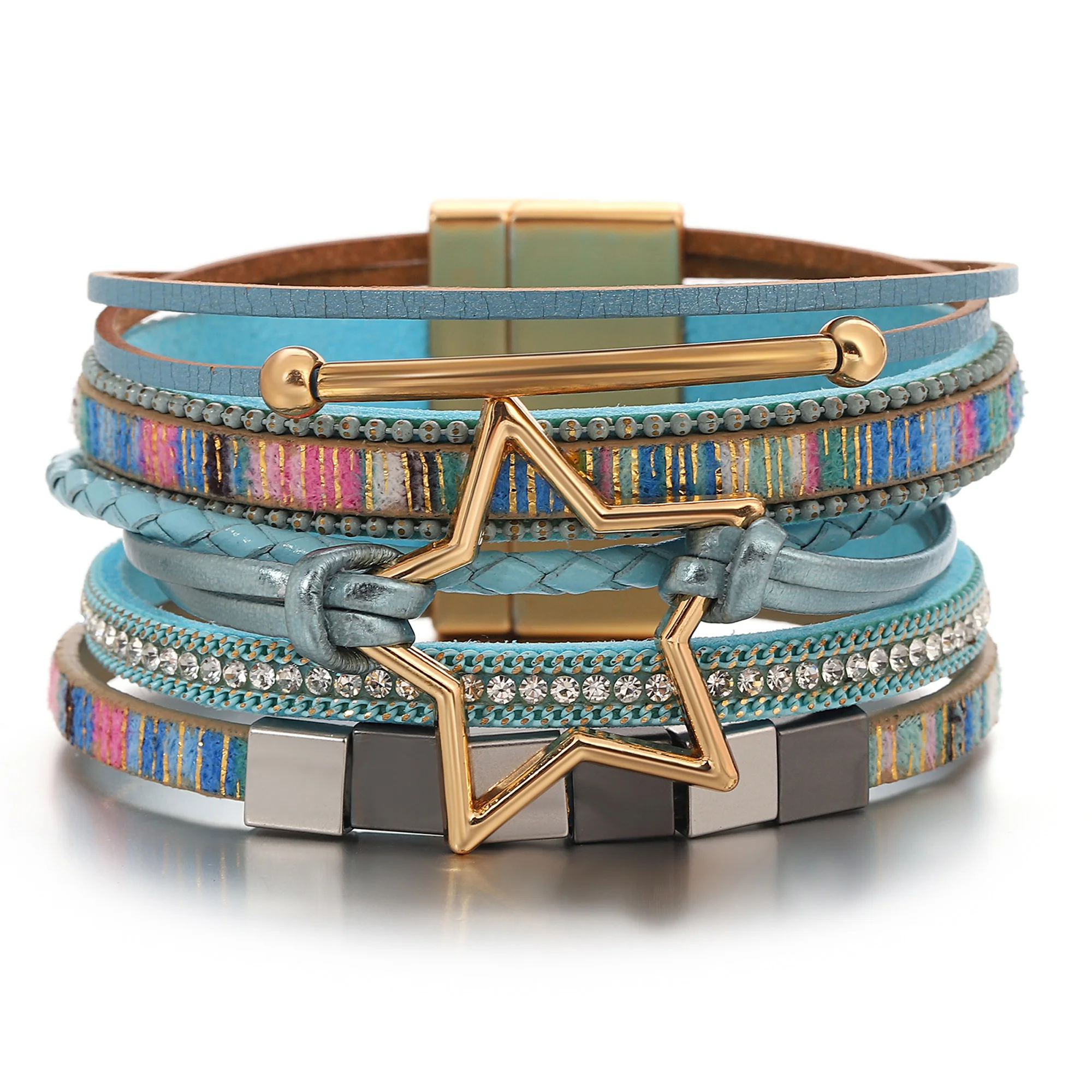 ALLYES Trendy Hollow Star Weave Leather Bracelet for Women Boho Multilayer Slim Strips Wrap Wide Bracelets Ethnic Jewelry Gifts