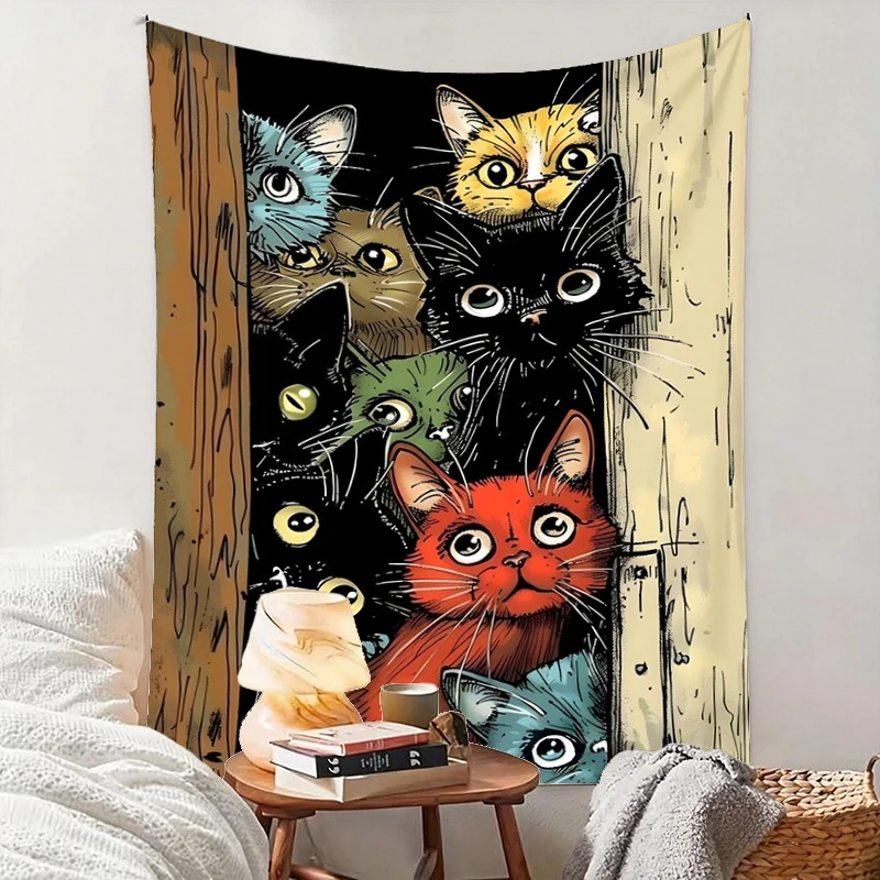 1PC Colorful Cat Group Art Print Backdrop Banner, Bedroom Living Room Photo Background, Polyester, Home Decor, Wall Art