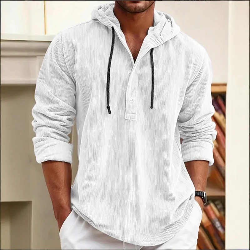 

Мужская вельветовая толстовка с капюшоном, однотонная, с длинным рукавом, на пуговицах, повседневный пуловер с завязками для мужчин