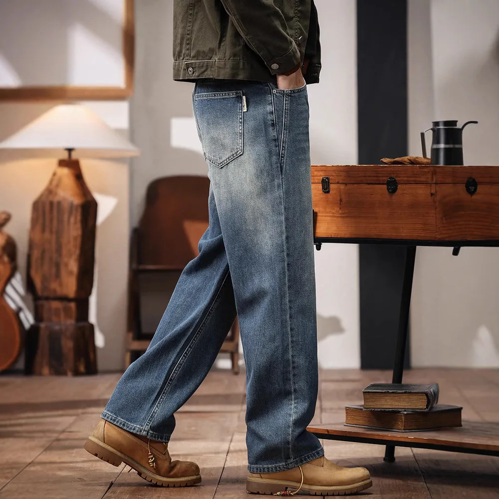 American Style Four Seasons 2026 New Fashion Men Retro Blue Simple Basic Straight Casual Trendy Jeans Pants Male Denim Trousers