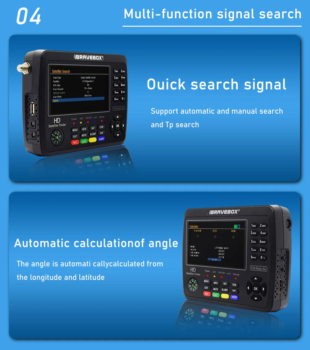 iBRAVEBOX V10 Finder Max HD Wyszukiwarka sygnału telewizji satelitarnej DVB-S/S2/S2X Cyfrowy miernik sygnału LCD H.265 4,3 cala