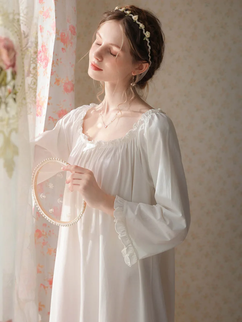 French Victorian Nightdress Spring Autumn Cotton Pajamas Nightgown Women Long Sleeves Loose Ruffles Princess Vintage Sleepwear