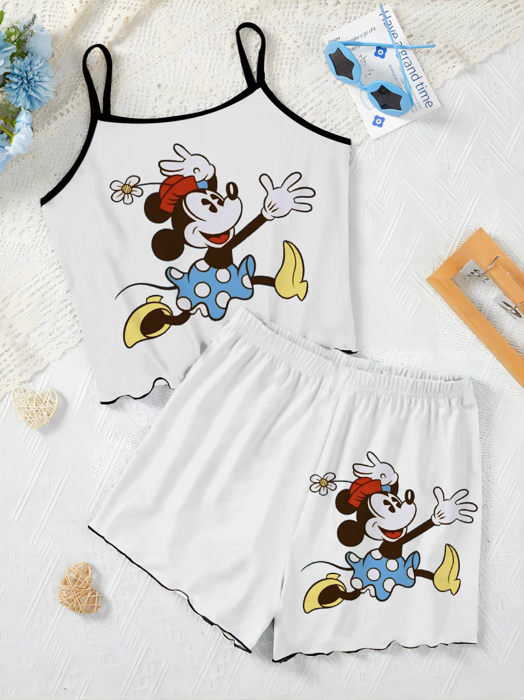 Home Dress Pajama Skirt Women\'s Suit Minnie Mouse Lettuce Trim Top T-shirt Mickey Short Sets Disney Pieces Elegant Disney Mickey