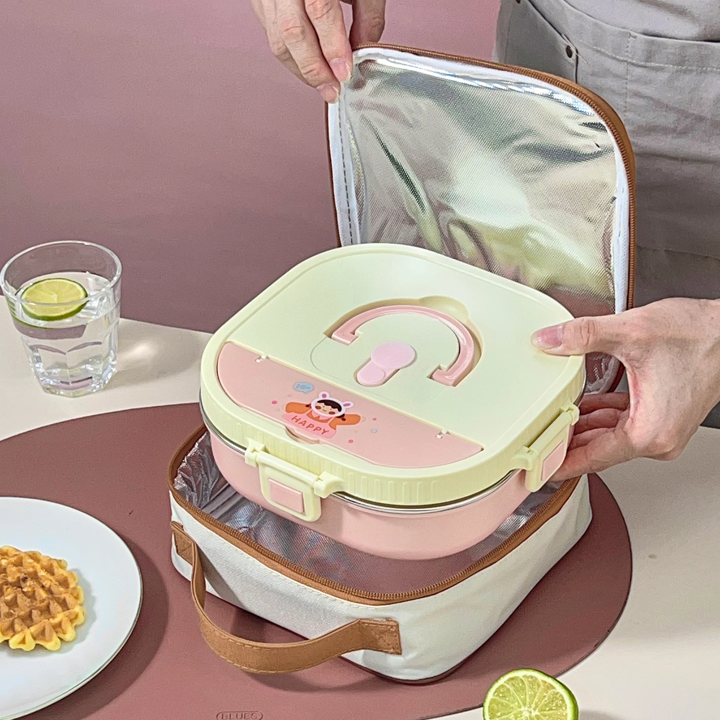 WORTHBUY ميكروويف 304 صندوق غداء من الفولاذ المقاوم للصدأ 3/4 شبكات حاوية طعام محمولة مانعة للتسرب مع أدوات مائدة لطلاب الأطفال