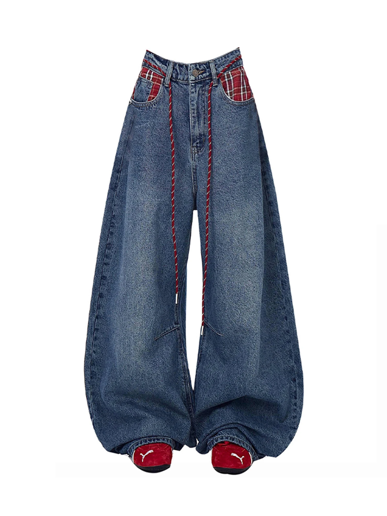 

Women's Blue Y2k Jeans Japanese 2000s Style Plaid Patchwork Jean Pants Vintage Harajuku Baggy Bent Knife Denim Trousers Clothes