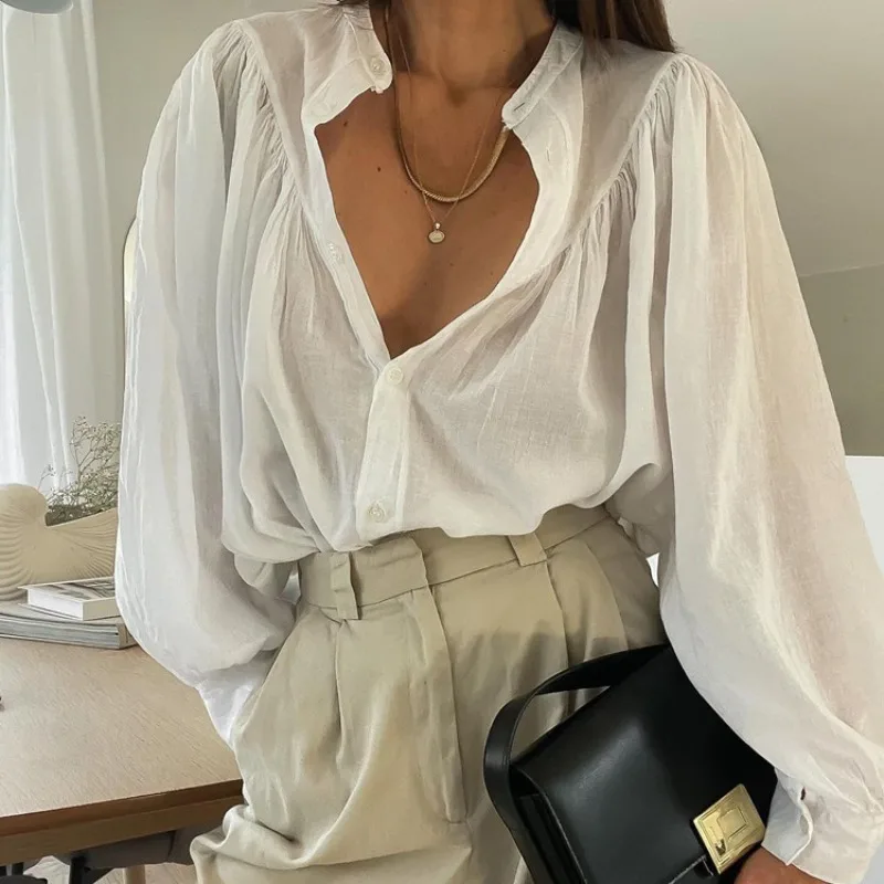 Talenza Women's White Shirt Autumn See-Through Single Breasted Patchwork Cardigan Shirt Casual Loose Office Basic Female Blouses