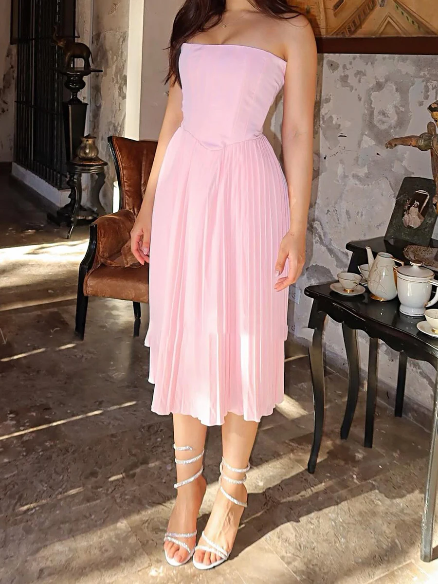 

Pink Strapless Pleated Long Dress Women Off Shoulder Back Cross Lace-up A-line Vestido Summer Elegant Fashion Sweet Maxi Dresses