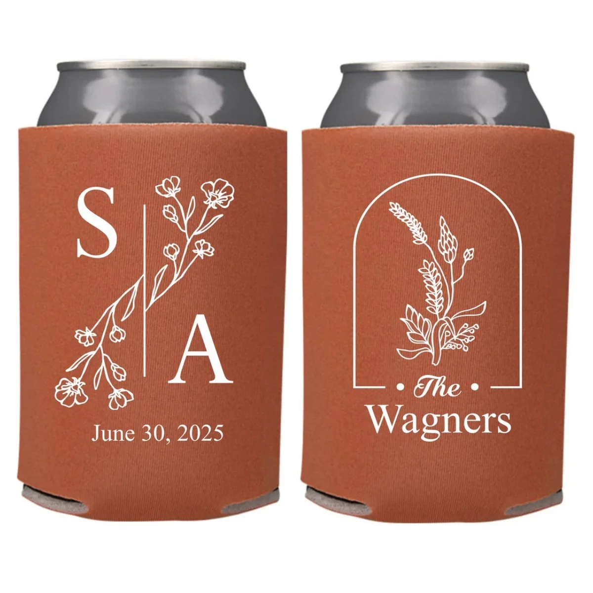Enfriador de latas de boda personalizado, enfriador de latas con iniciales florales de boda, boda en el jardín con tema de flores, enfriador de latas personalizado, abrazador de cerveza
