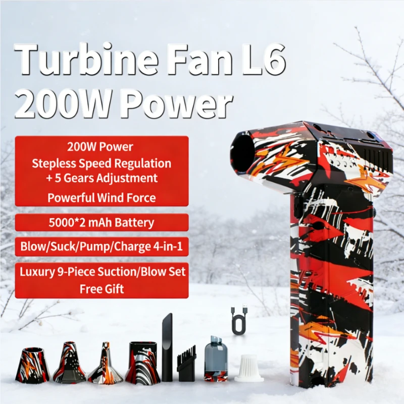 

Турбинный вентилятор L6 High-Power 200 Вт: 4-в-1 Blow-Suck-Pump-Charge + двойной аккумулятор с увеличенным временем работы + аксессуары из 4 предметов