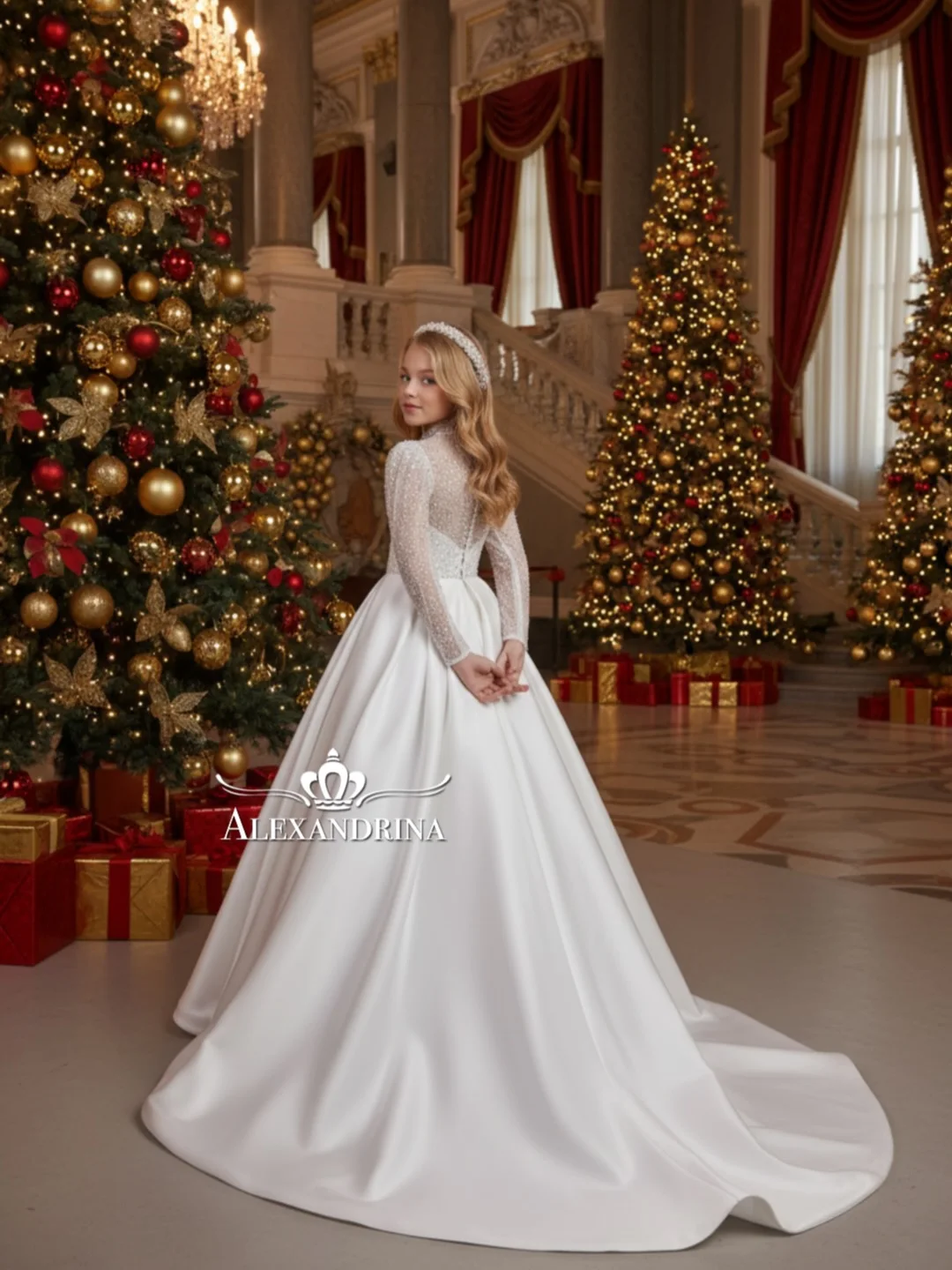 Princess Flower Girl Dress for Wedding High Neck Sequins Floor Lenght Infant Baptism Gowns First Communion Gowns Customized